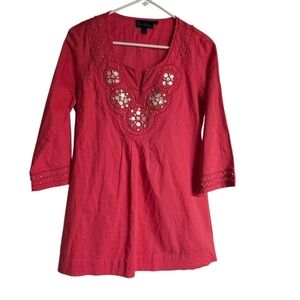 Boden Women's Pink Embroidered Floral 3/4 Sleeve Tunic Top Size 10